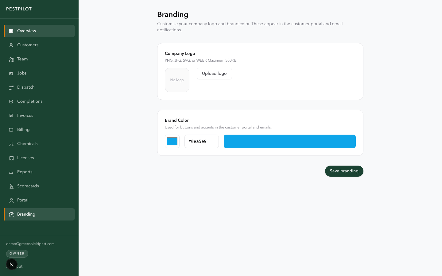 PestPilot branding settings screen
