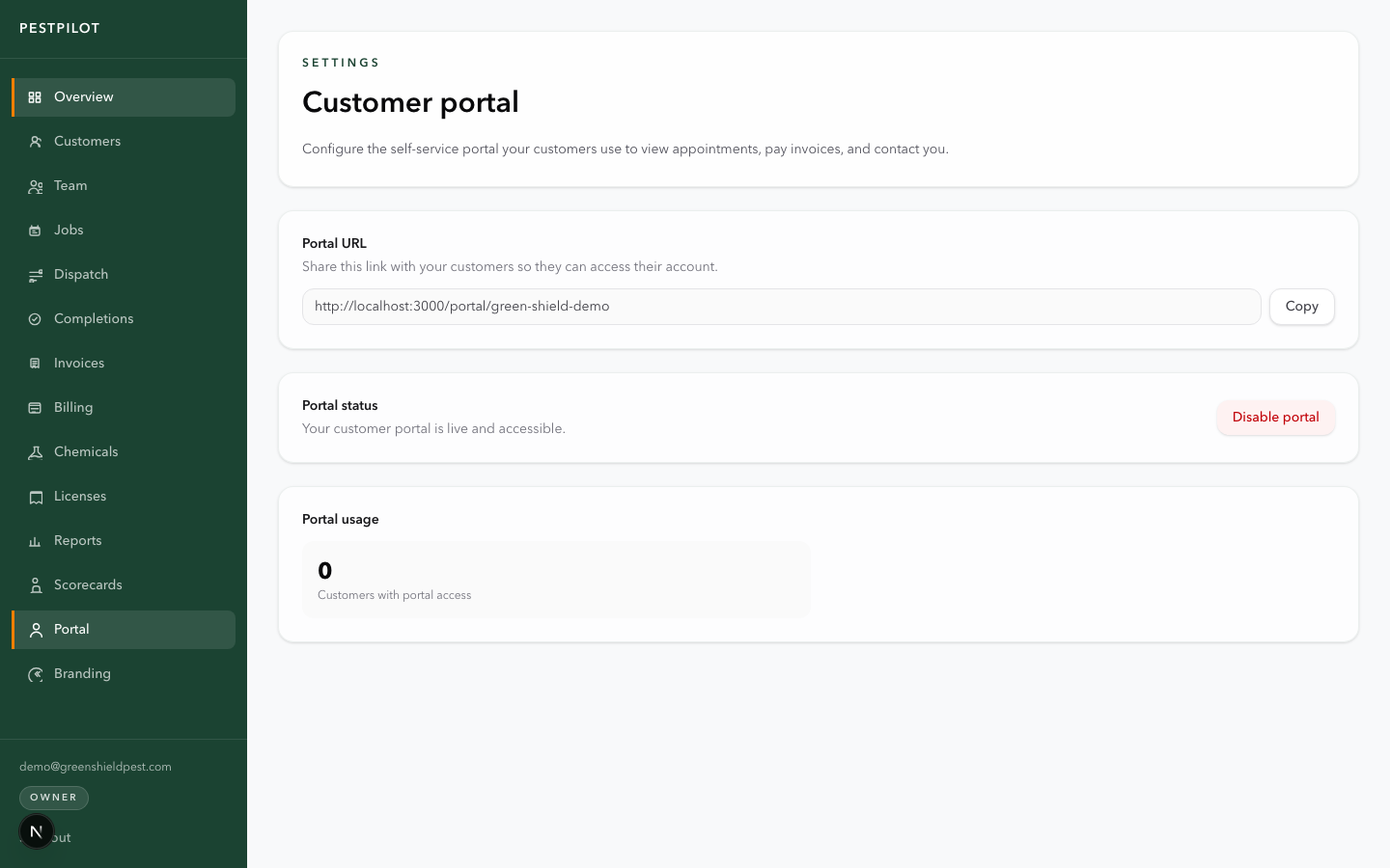PestPilot customer portal settings showing branded portal options for invoices and service history