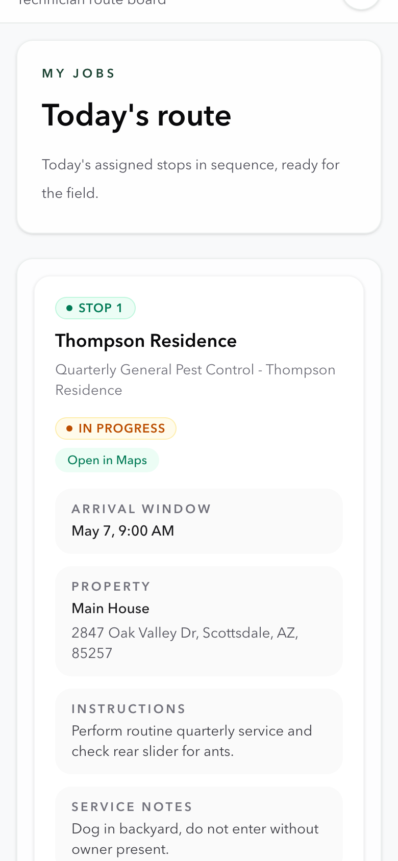 PestPilot mobile technician route showing scheduled stops and navigation from a phone